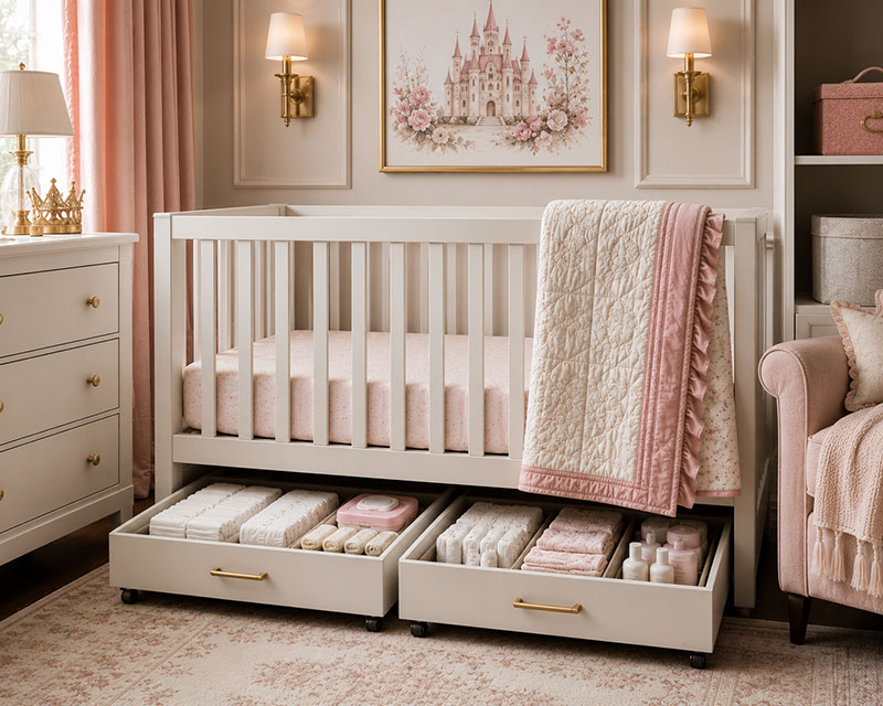 Hidden diaper storage bins placed underneath a crib
