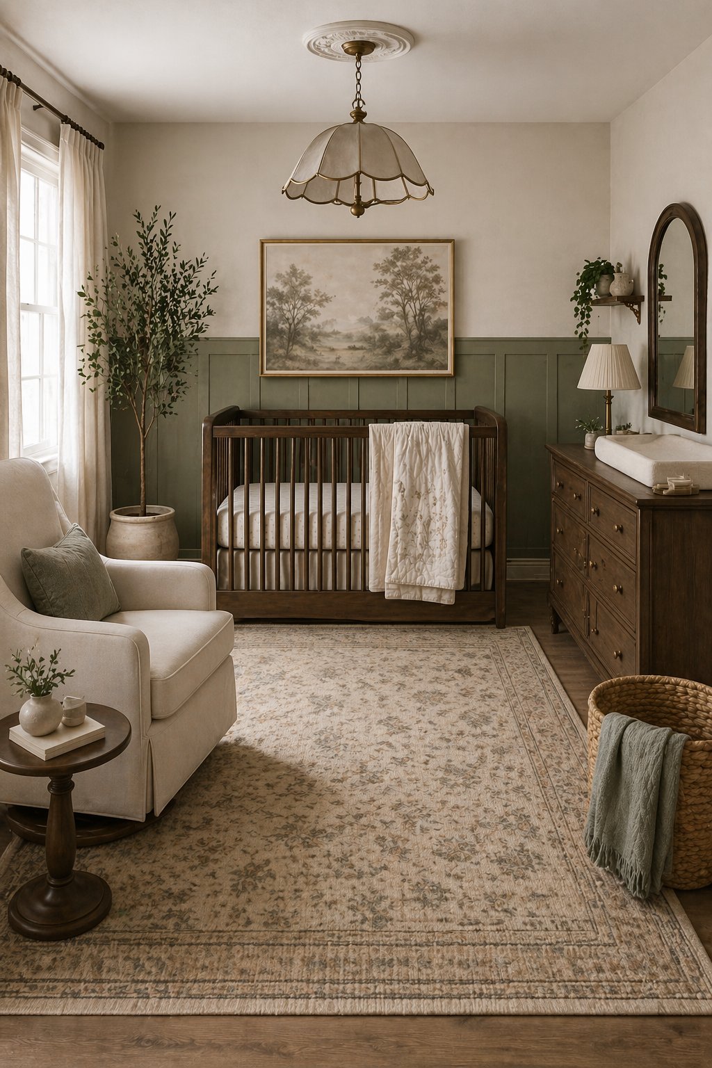 Luxury nursery layout with crib as focal point and balanced furniture placement