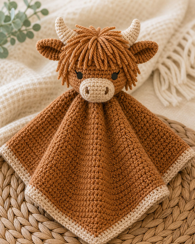 Highland cow crochet lovey with textured head and blanket base