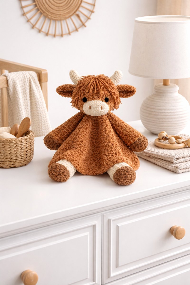 Highland cow crochet snuggler lovey with a soft floppy body and shaggy textured head