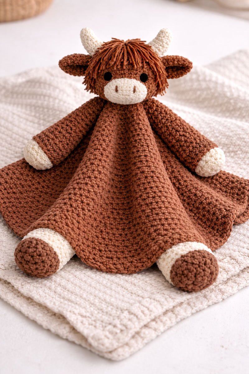 highland cow crochet snuggler lovey with flared body and four small legs hanging naturally