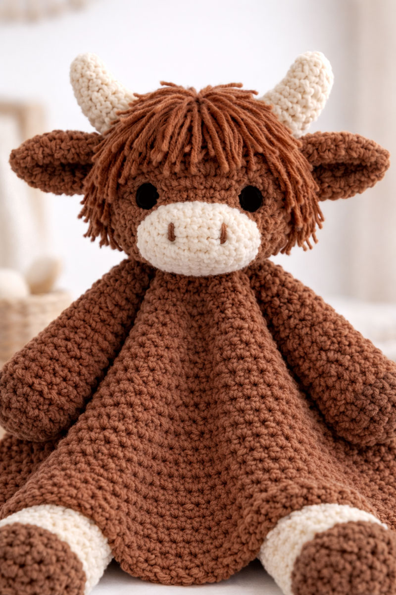 highland cow crochet snuggler lovey with fringe horns and draped body with four small legs