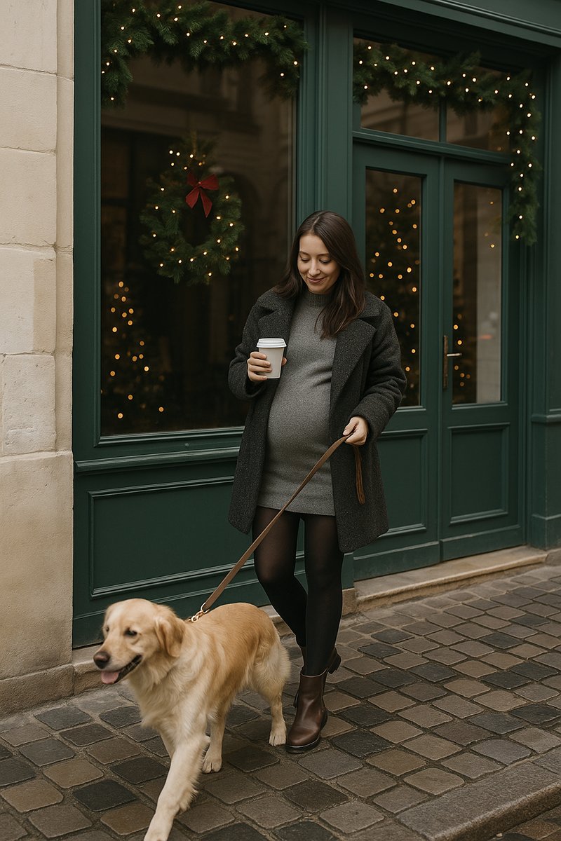 pregnant mom winter holiday coffee shop outfit idea