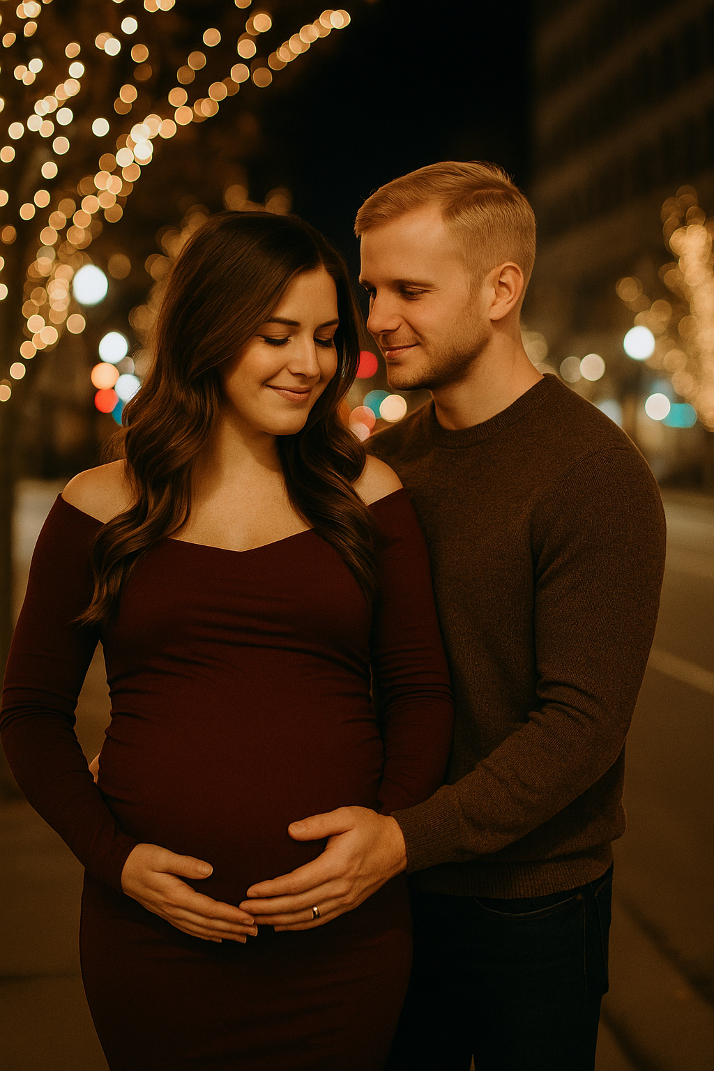 Holiday maternity couple portrait with city holiday lights sparkling in the background.