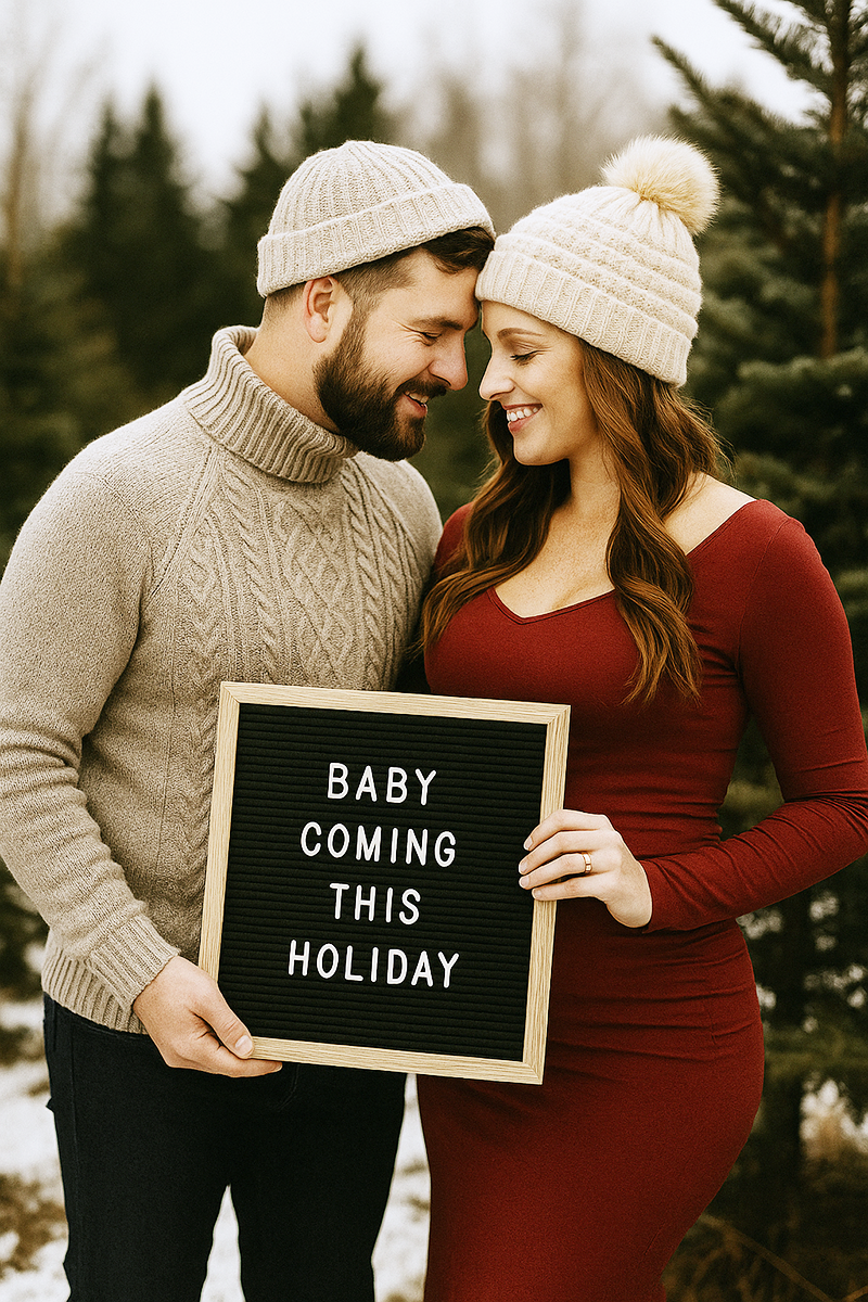 Holiday maternity photo with a letterboard prop during a cozy outdoor session.
