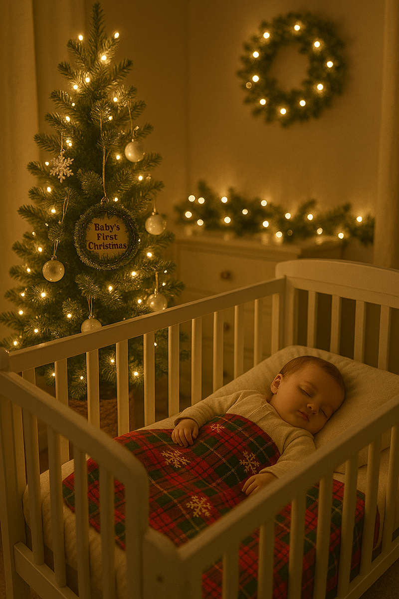 Peaceful holiday nursery with a sleeping baby in a crib, softly lit by a Christmas tree decorated with a Baby's First Christmas ornament
