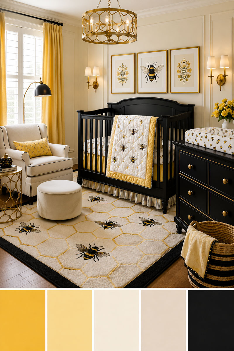 Honey bee nursery color ideas with yellow bedding, black accents, and framed bee wall art