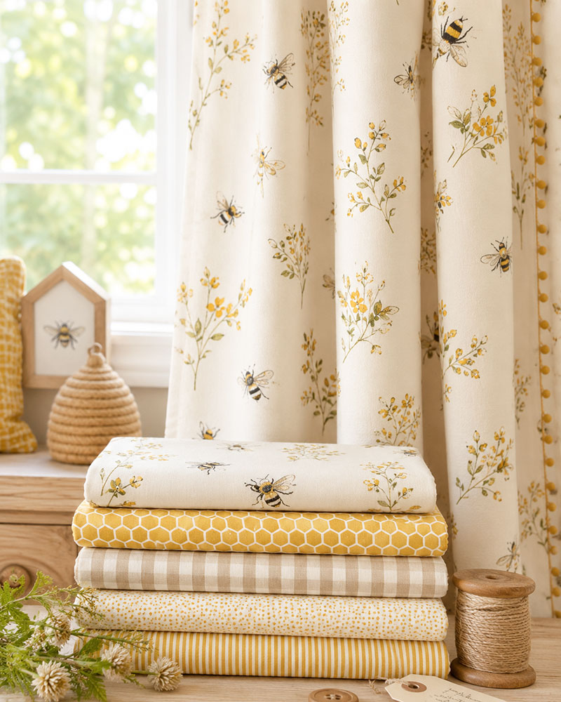 Honeybee and honeycomb nursery curtain fabrics for a Pooh inspired baby room