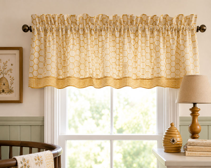 Honeycomb nursery valance above ivory curtain panels in a Classic Pooh inspired nursery