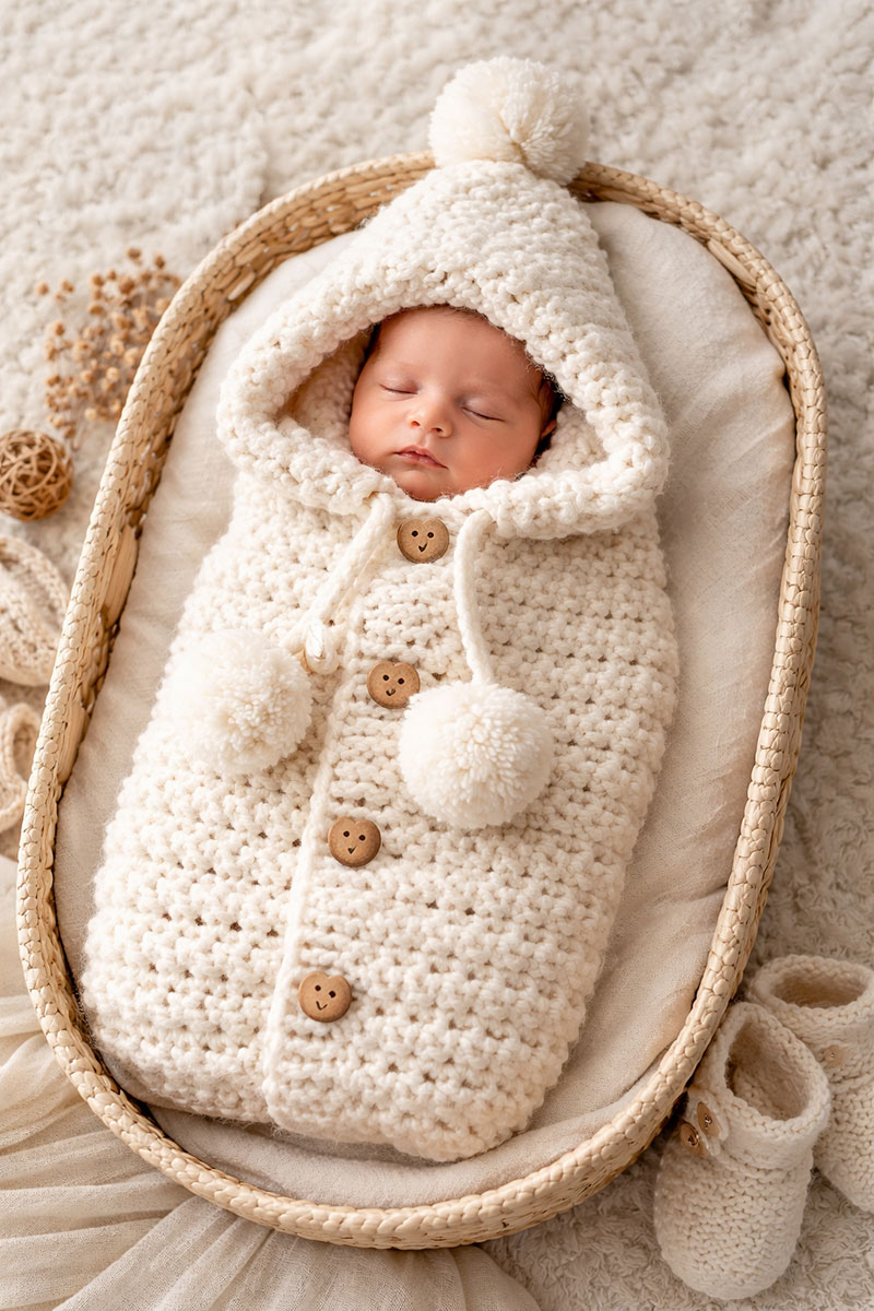 Neutral crochet baby bunting with hood and pom pom in soft everyday colors
