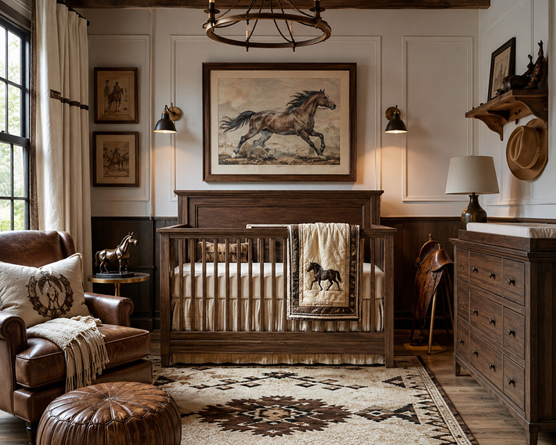 Horse nursery theme with western baby room decor and rustic crib accents