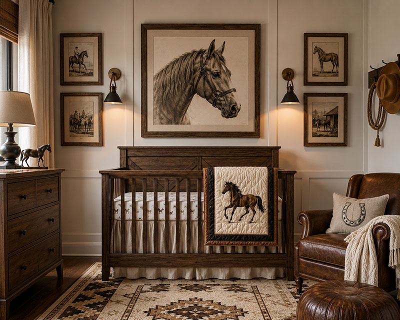 Horse nursery wall decor with vintage western artwork and wood dresser