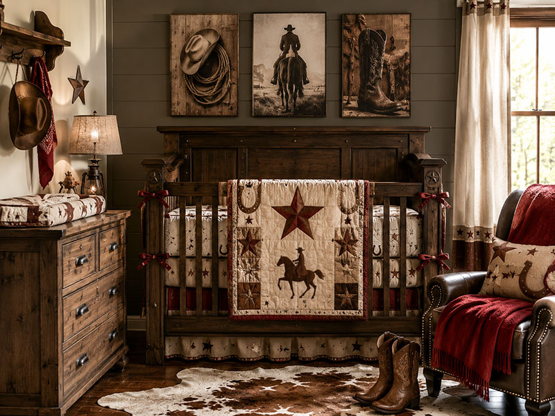 Horse themed cowboy nursery with framed western wall art and ranch inspired crib styling