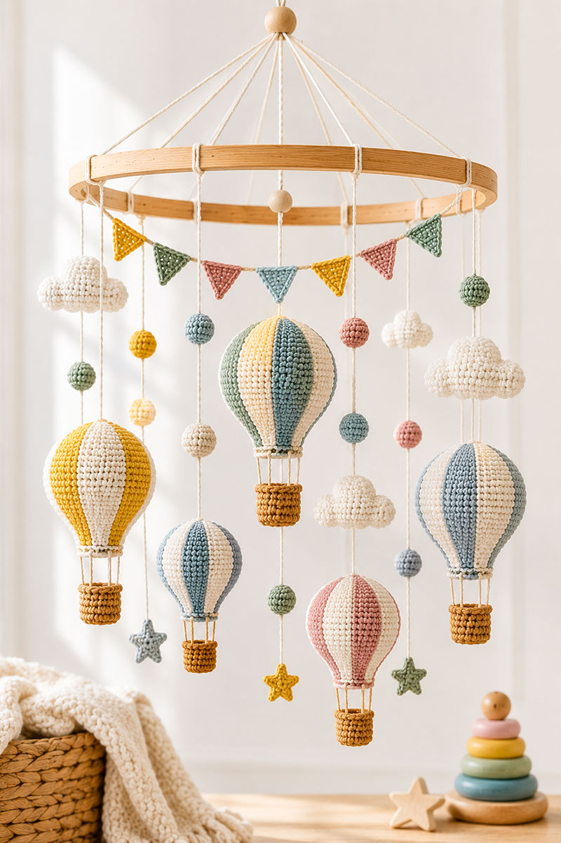 Hot air balloon crochet mobile with handmade balloons, clouds and birds in a nursery display