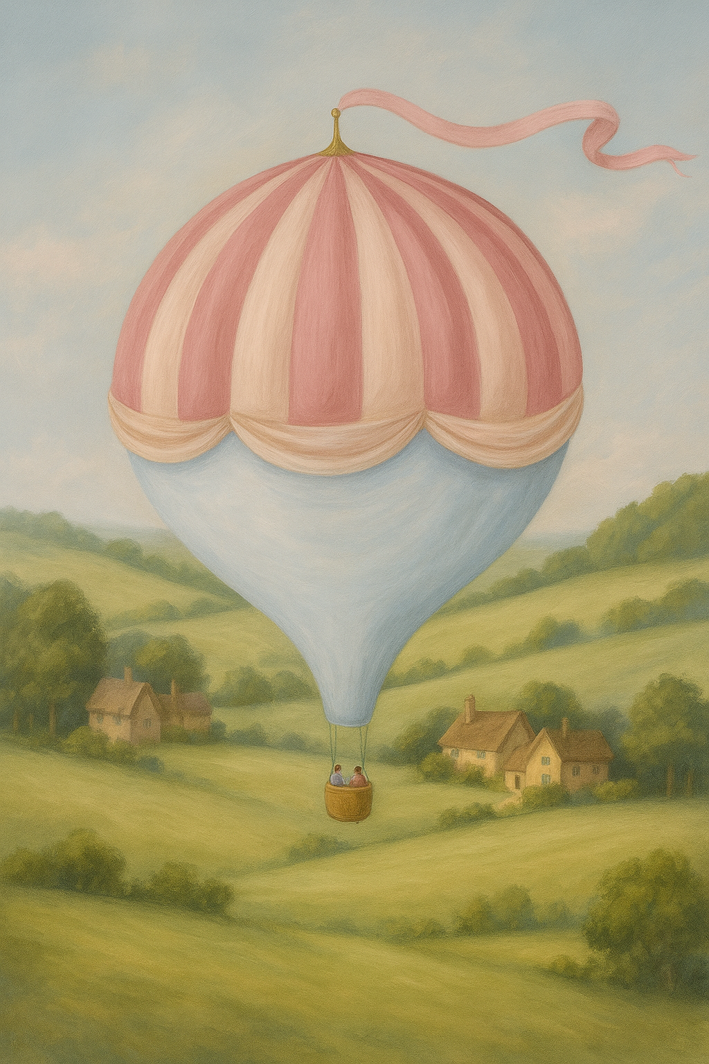 Hand painted hot air balloon nursery mural floating above an Old English countryside