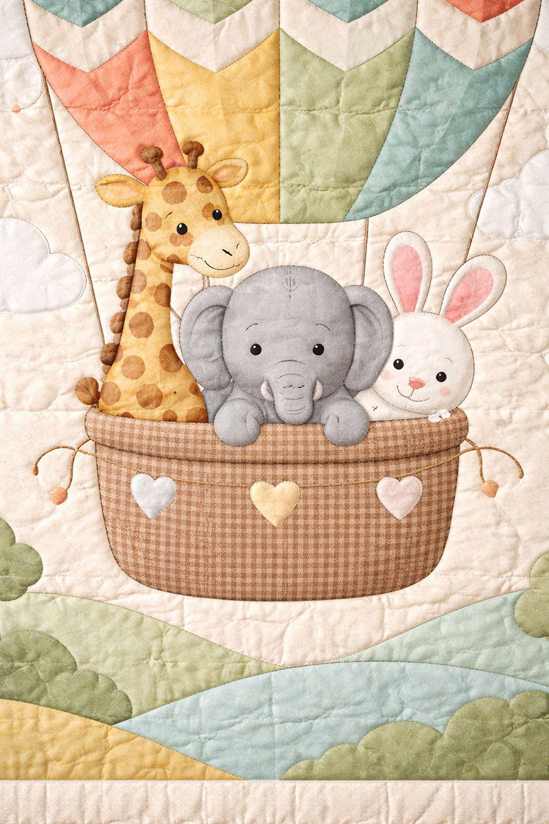 stitched safari animals in hot air balloon crib quilt