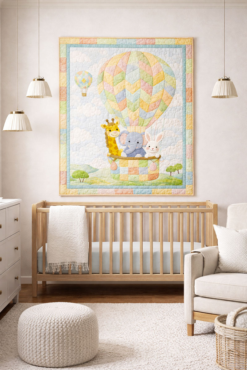 Hot air balloon jungle safari animals crib applique and patchwork quilt pattern with in pastel fabric giraffe bunny elephant