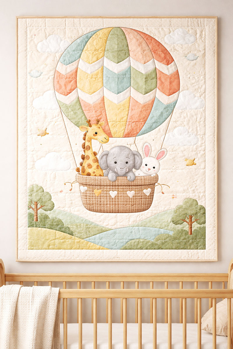 handmade safari animals hot air balloon crib quilt hanging above crib