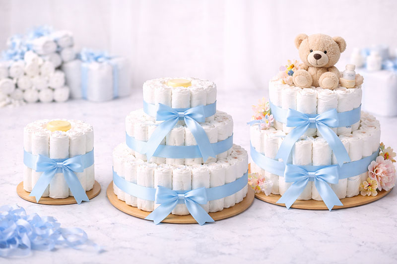 Three tier diaper cake showing diaper count