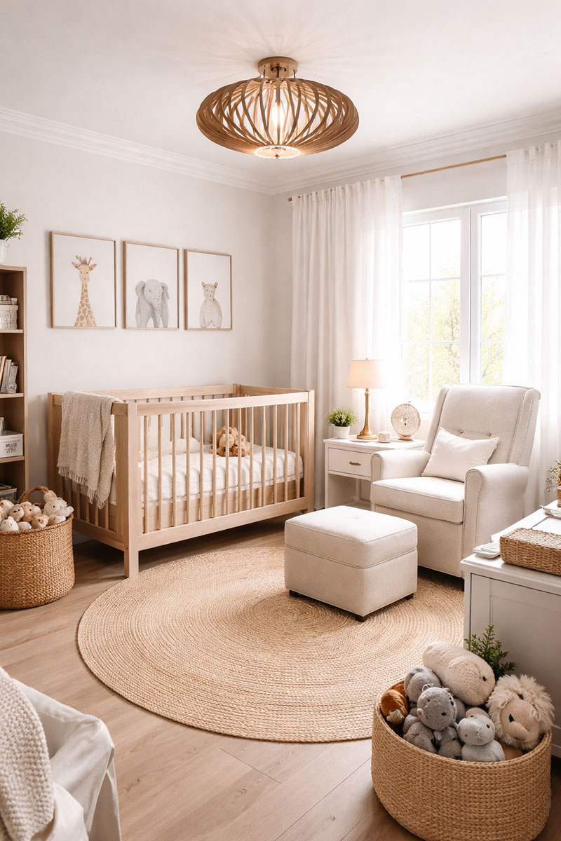 Functional baby nursery with essential furniture and practical decor