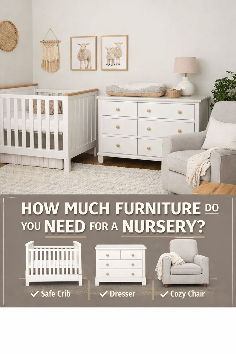 Example nursery layout showing crib dresser and chair demonstrating how much furniture you need for a nursery