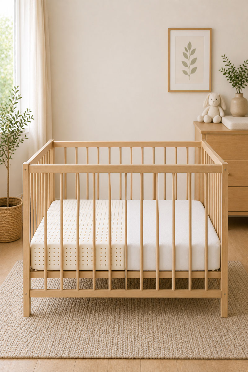 Parent hands smoothing a fitted sheet on a firm crib mattress to show a simple real-life selection moment