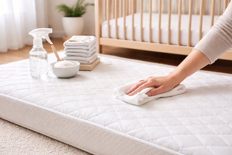 Cleaning a crib mattress with gentle supplies in a bright nursery