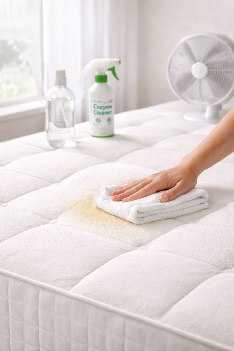spraying and blotting a urine stain on a mattress