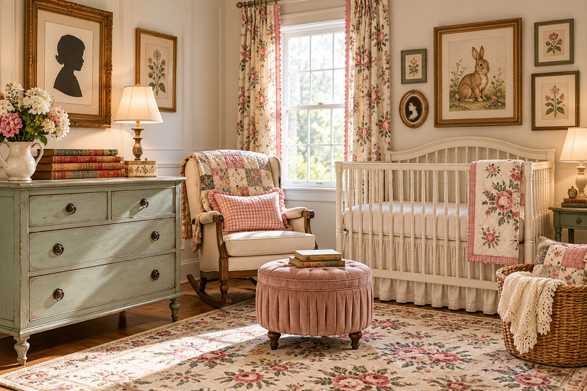 Vintage nursery mixing an old painted dresser, framed profile silhouette, floral textiles and a modern crib
