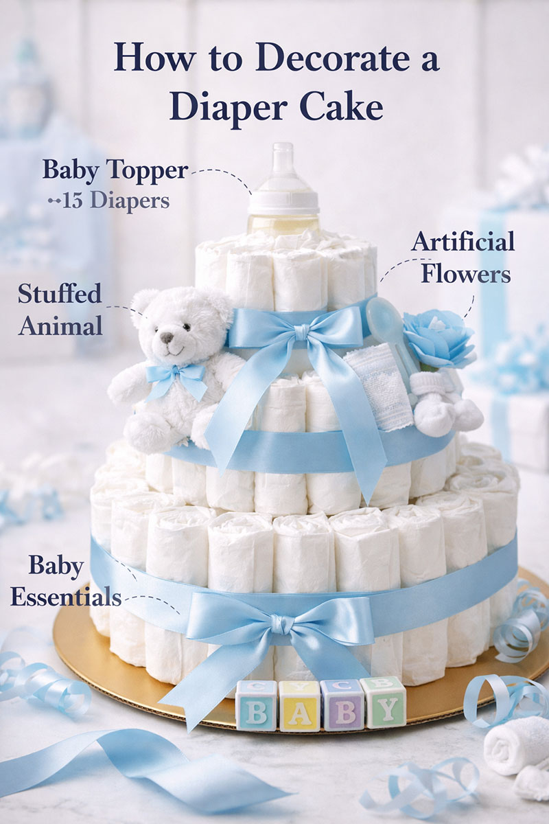 Decorated diaper cake with ribbon and baby items