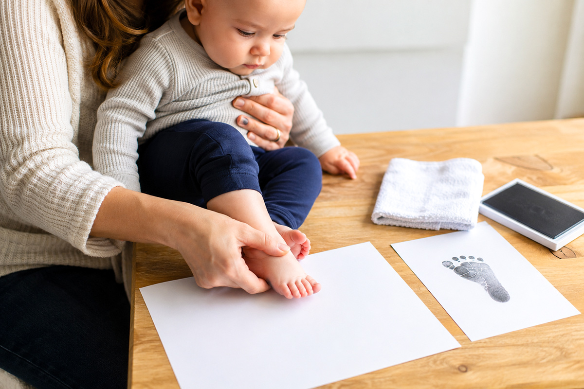 Adult supporting a baby's ankle while making a clear baby footprint on white keepsake paper