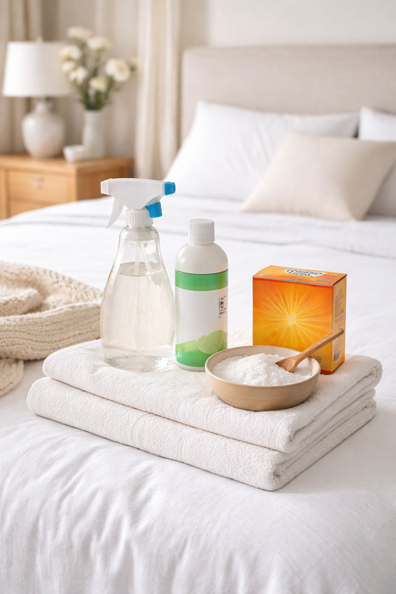 How to get pee smell out of mattress with simple cleaning supplies on a neatly made bed