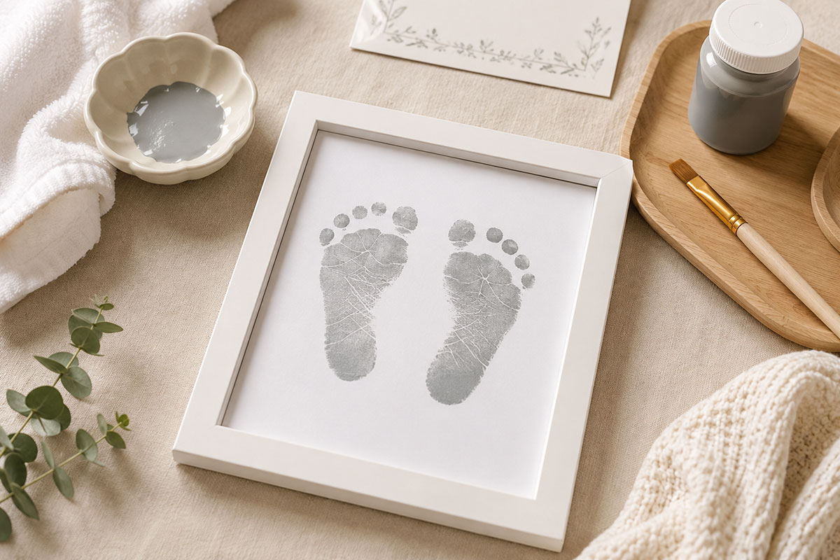Adult holding a supported baby foot while pressing it onto cardstock attached to a firm board