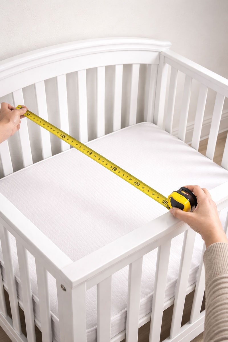 Measuring the inside of a crib with a tape measure to confirm mattress length and width