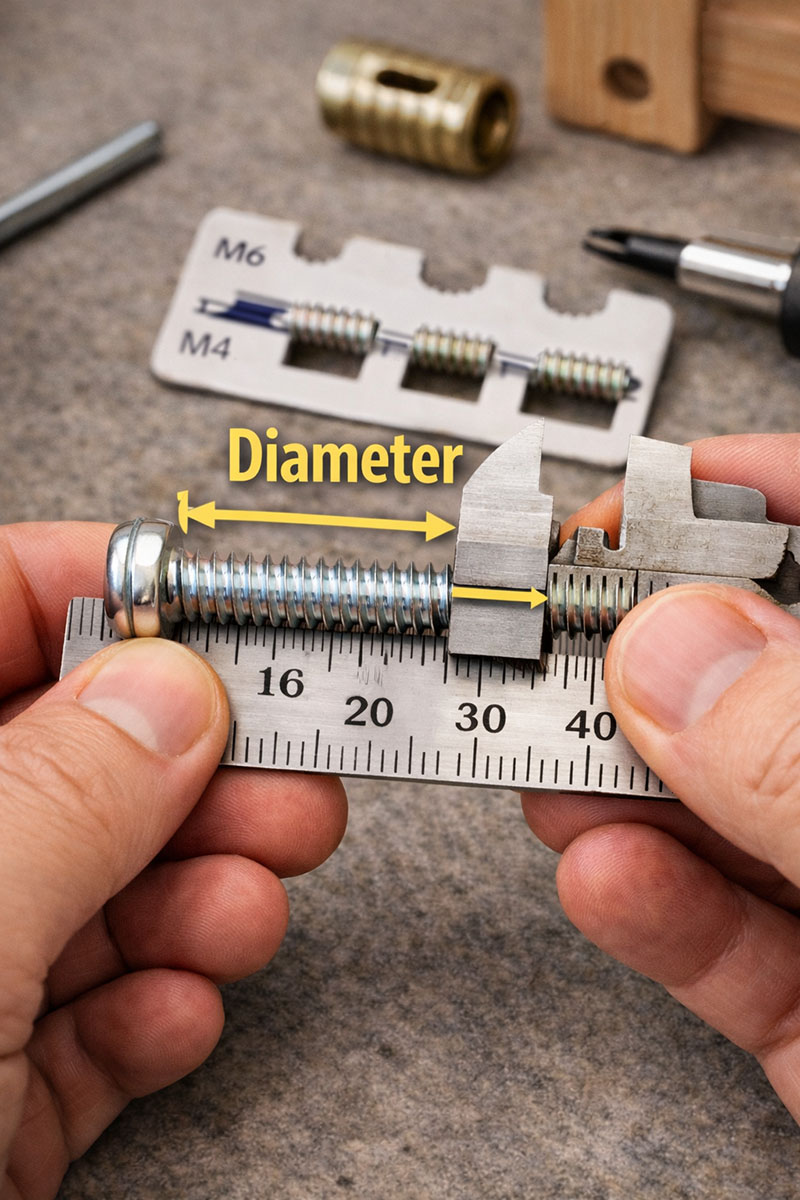 Crib screw length and diameter shown against a ruler for dimensional comparison