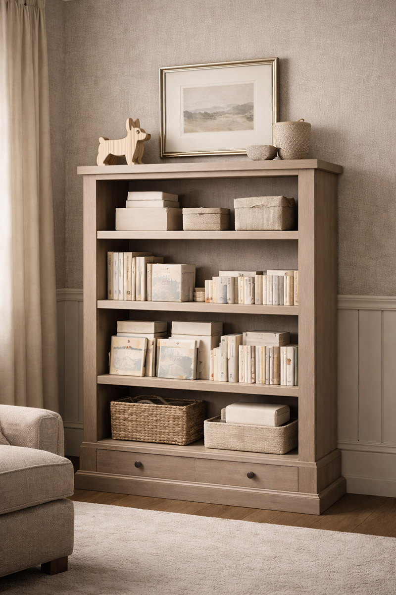 Styled nursery bookshelf with baby books, woven bins, light boxes, and minimal neutral decor