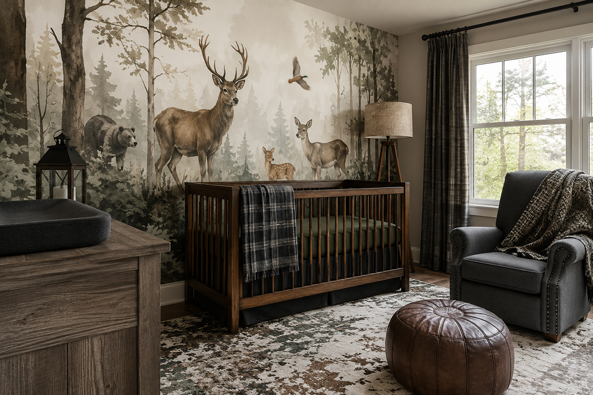 Rustic hunting nursery with natural wood crib, deer and forest animal mural, plaid textiles and classic woodland decor