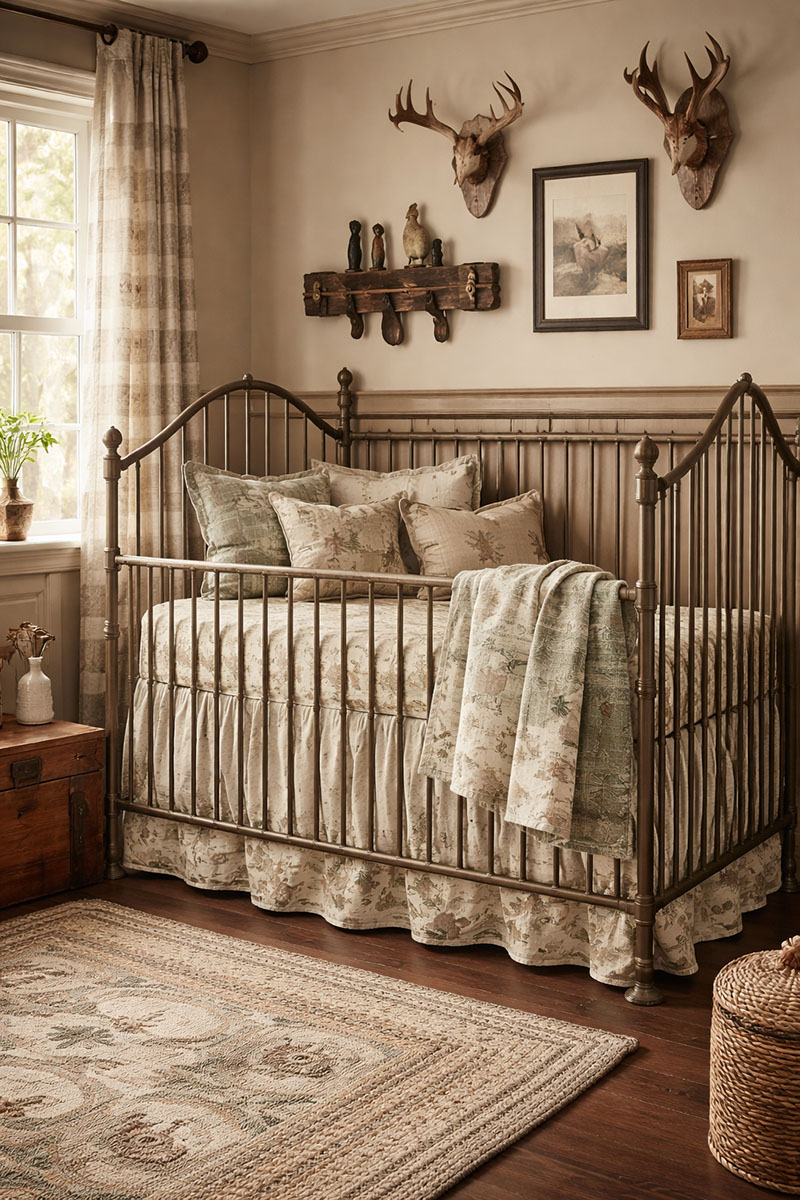 Woodland toile baby nursery with deer themed crib bedding in soft green and brown colors