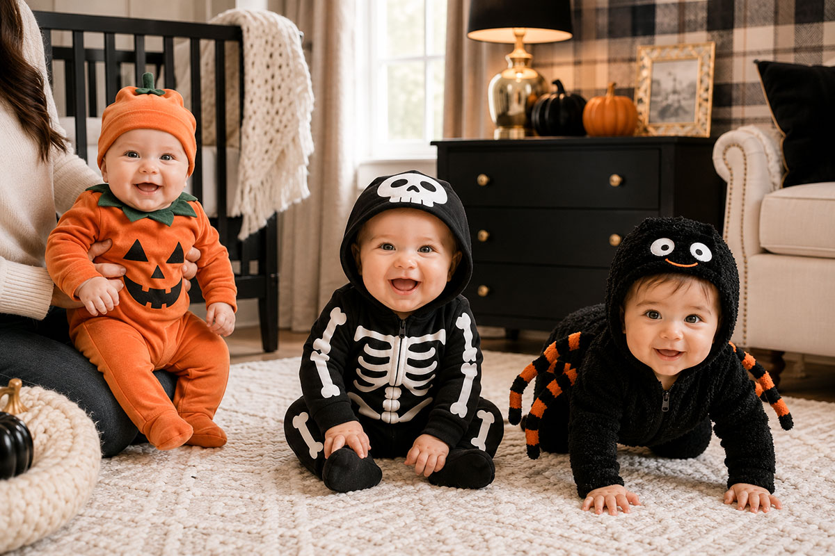 Infants wearing simple Halloween costumes suited to being carried, sitting and crawling