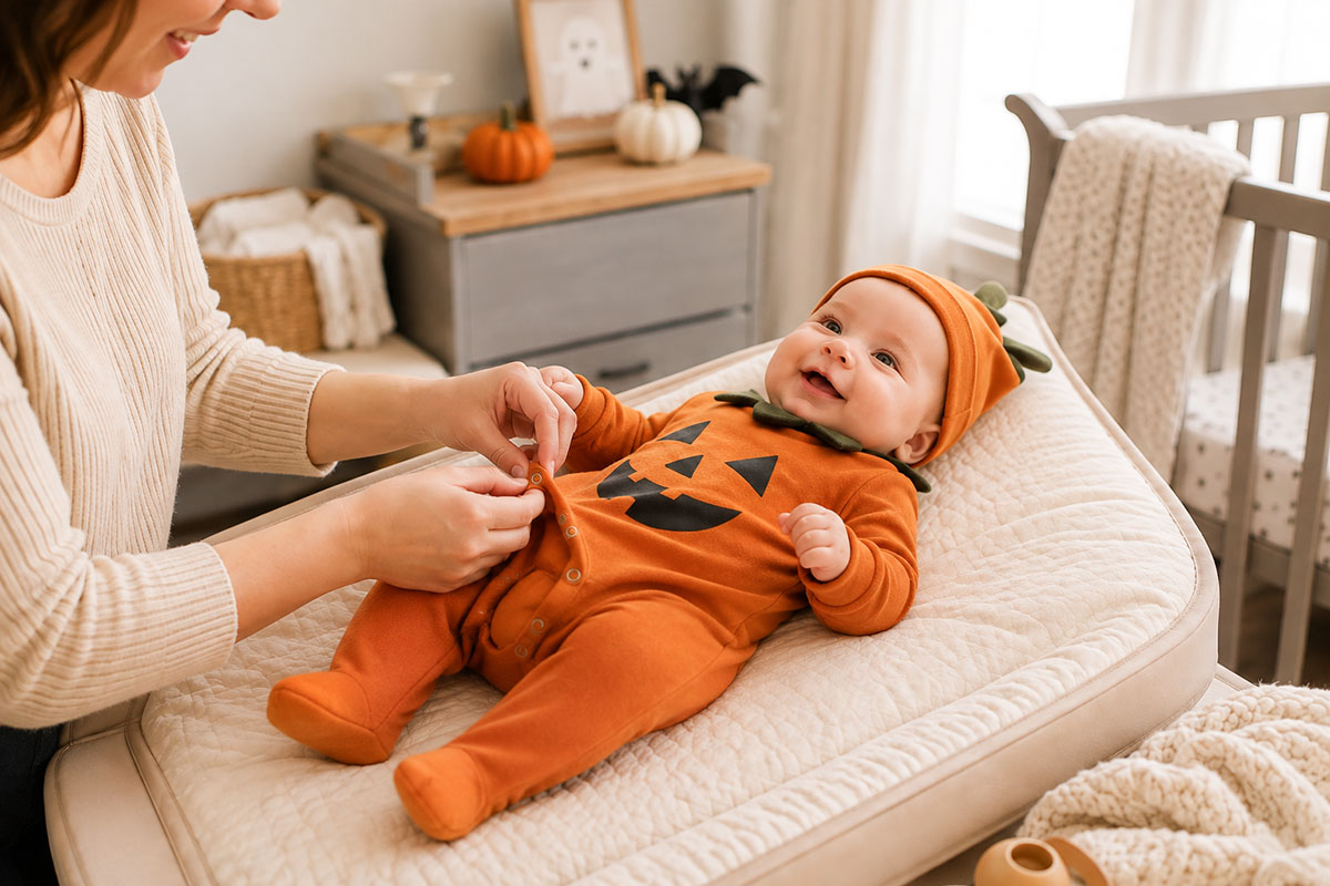 Infant wearing a soft Halloween romper with snap openings that make diaper changes easier
