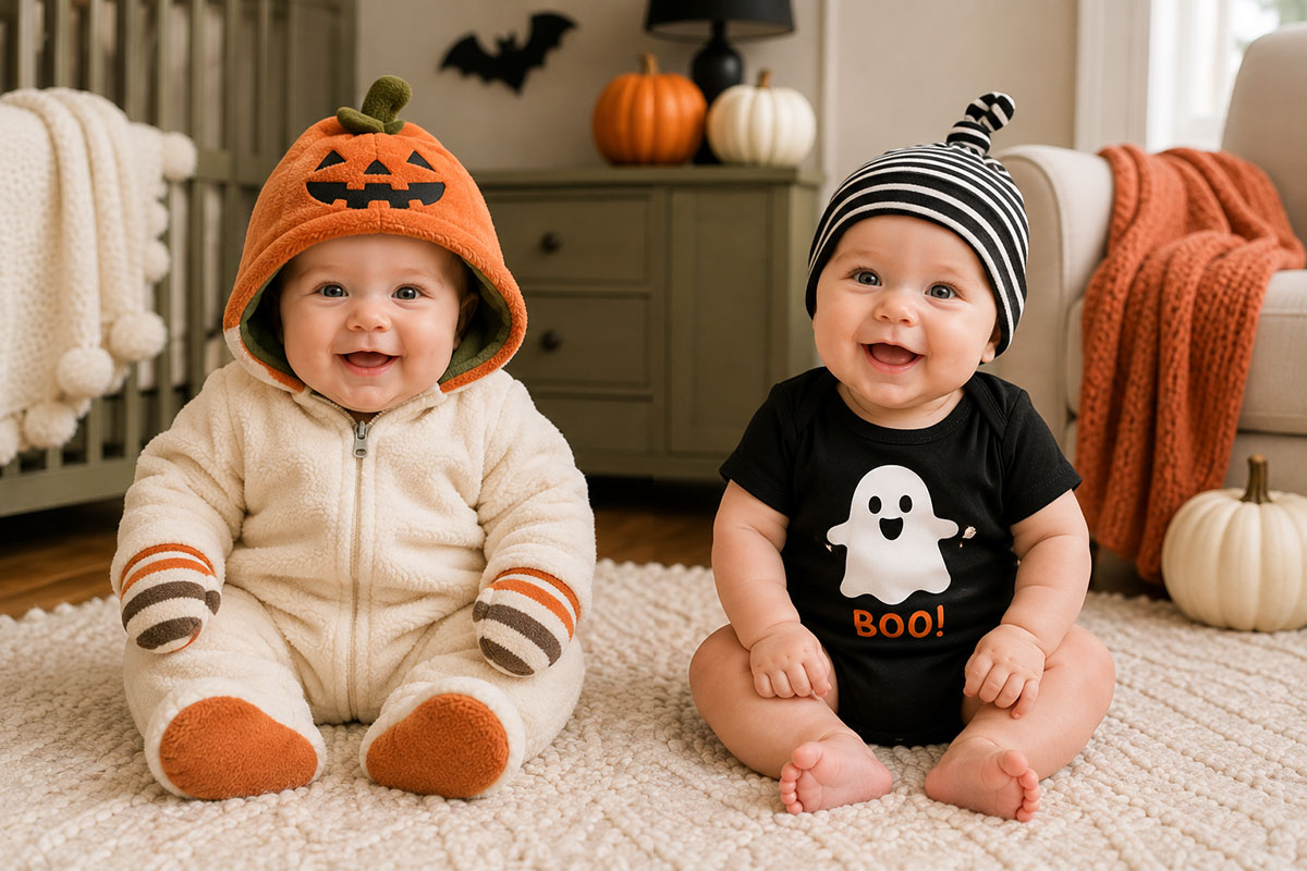 Two infants wearing warm and lightweight Halloween outfits for cool and warm weather