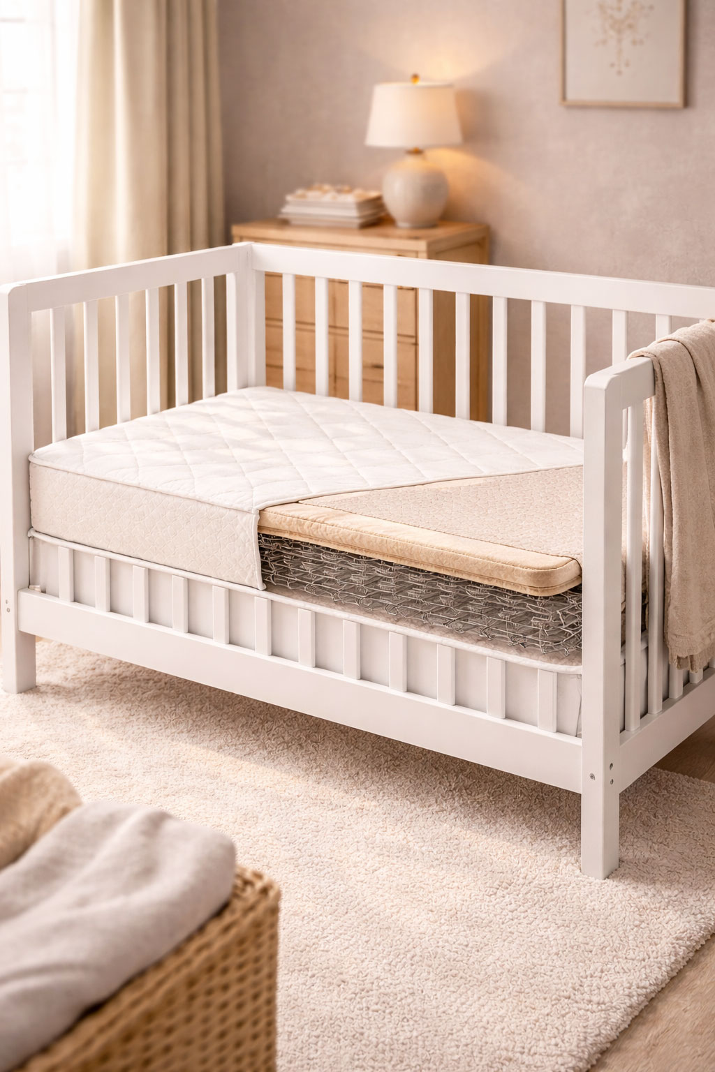 Innerspring crib mattress shown in a nursery with structured support