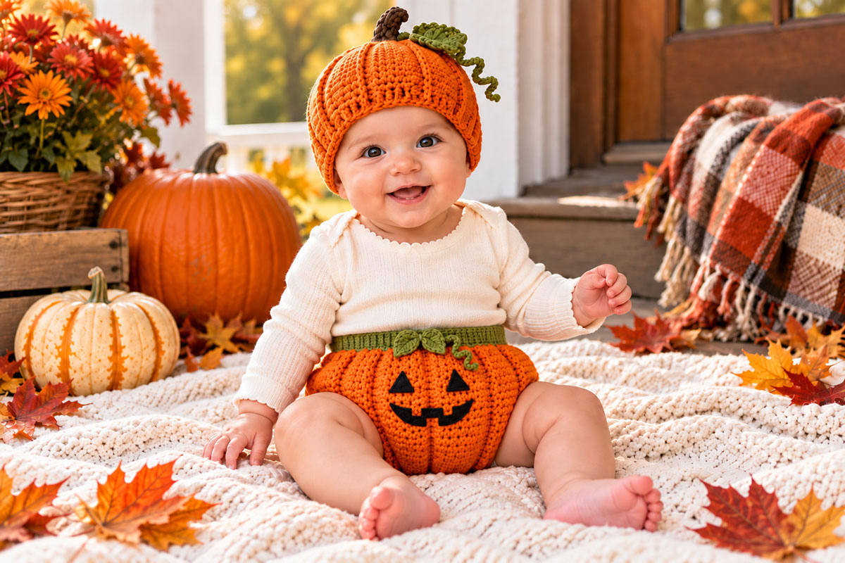 Baby wearing an orange jack-o-lantern crochet diaper cover with flat black embroidered face, green waistband and matching pumpkin shaping