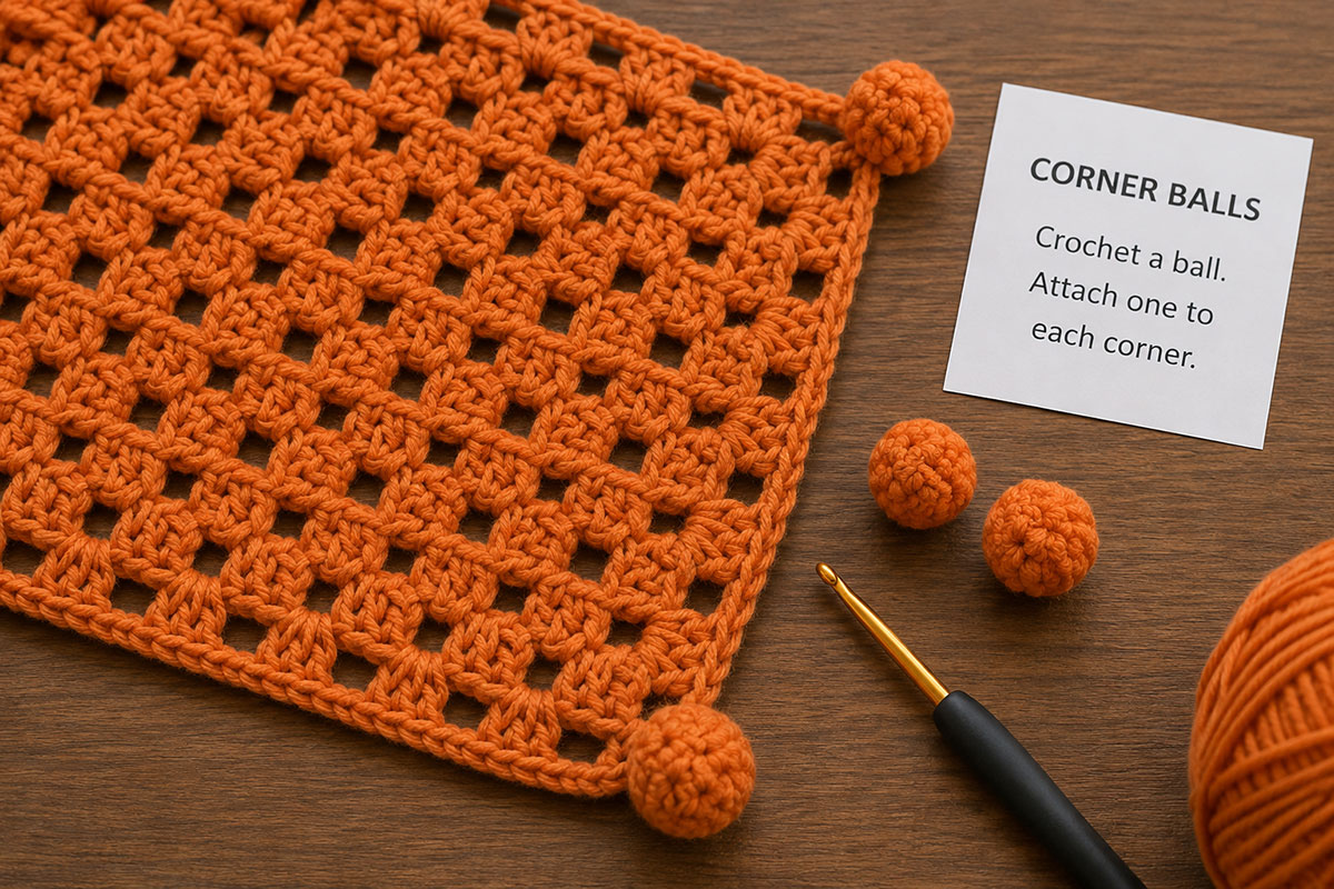 Four small pumpkin-orange crocheted corner balls beside the Jack-o'-lantern granny-square lovey blanket before attachment