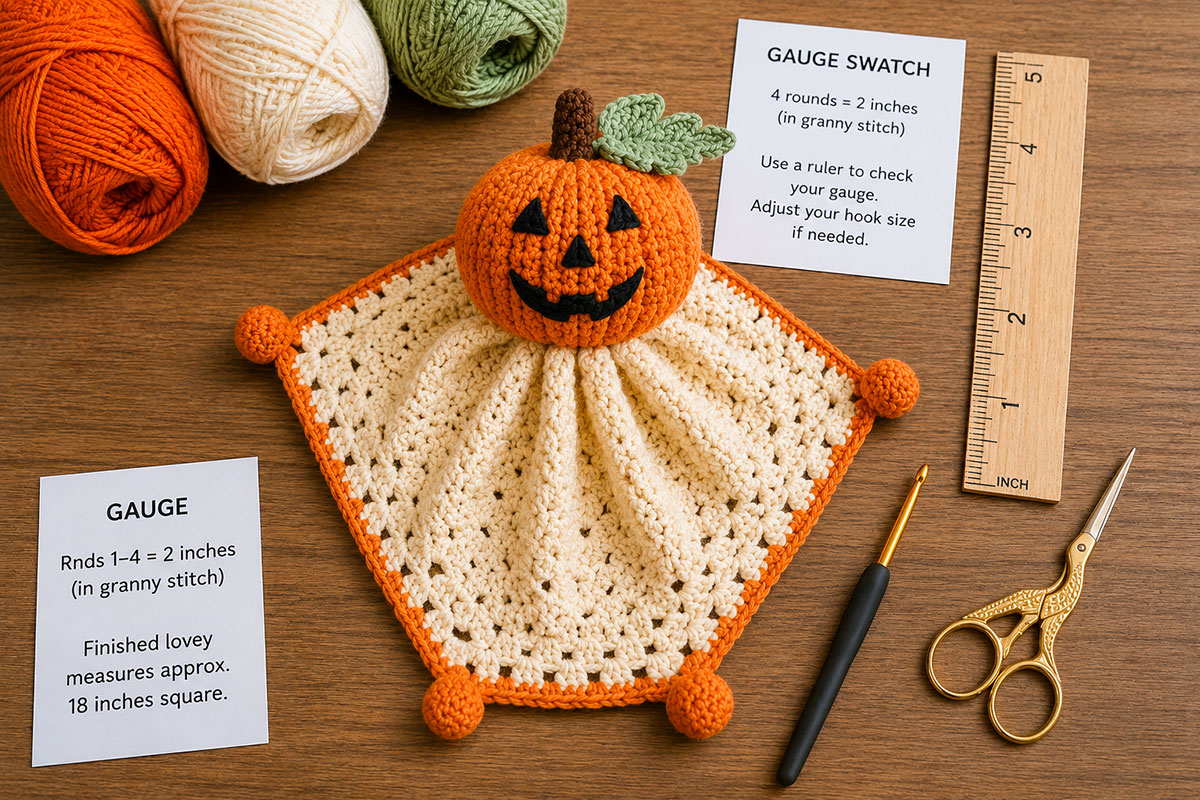 Orange granny-square crochet fabric and tightly stitched pumpkin crochet piece beside a measuring tape for checking Jack-o'-lantern lovey gauge