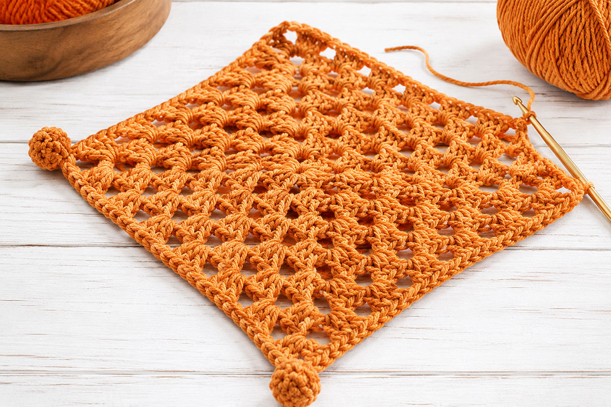 Pumpkin-orange granny-square lovey blanket in progress with compact crochet clusters for the Jack-o'-lantern lovey
