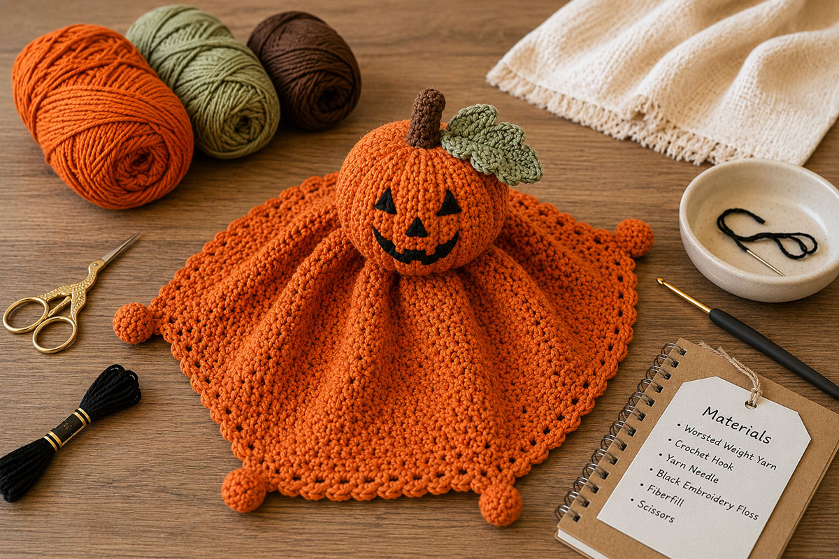 Orange yarn, brown yarn, sage-green yarn, black embroidery floss, crochet hooks and fiberfill arranged for the Jack-o'-lantern lovey pattern