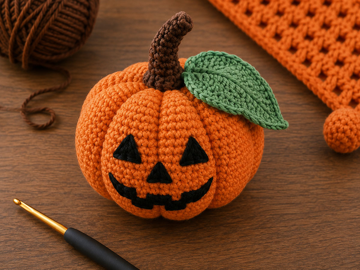 Crocheted curved brown pumpkin stem and sage-green leaf ready to attach to the Jack-o'-lantern lovey head