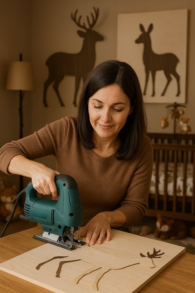 Mom using a jigsaw to cut a wooden deer nursery wall sign for a woodland baby room