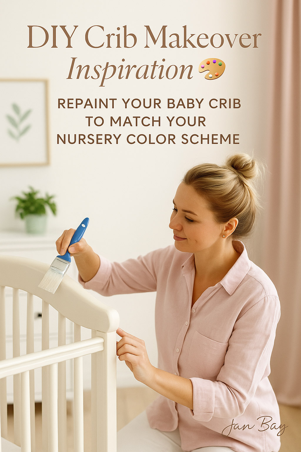 Jan repainting a vintage baby crib in soft ivory to match a freshly decorated nursery — a safe, budget-friendly DIY crib makeover idea